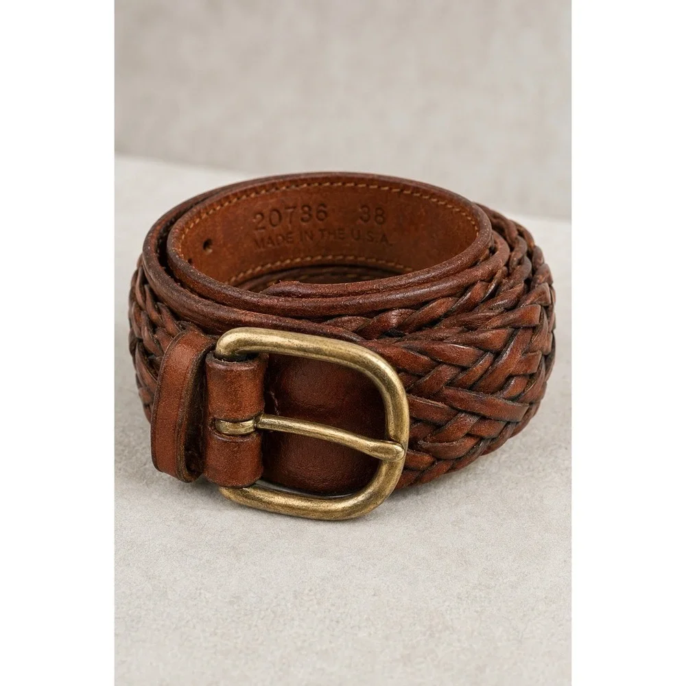 Vintage Brown Woven Braided Leather Belt Leather Buckle Made in Turkey Sz 38